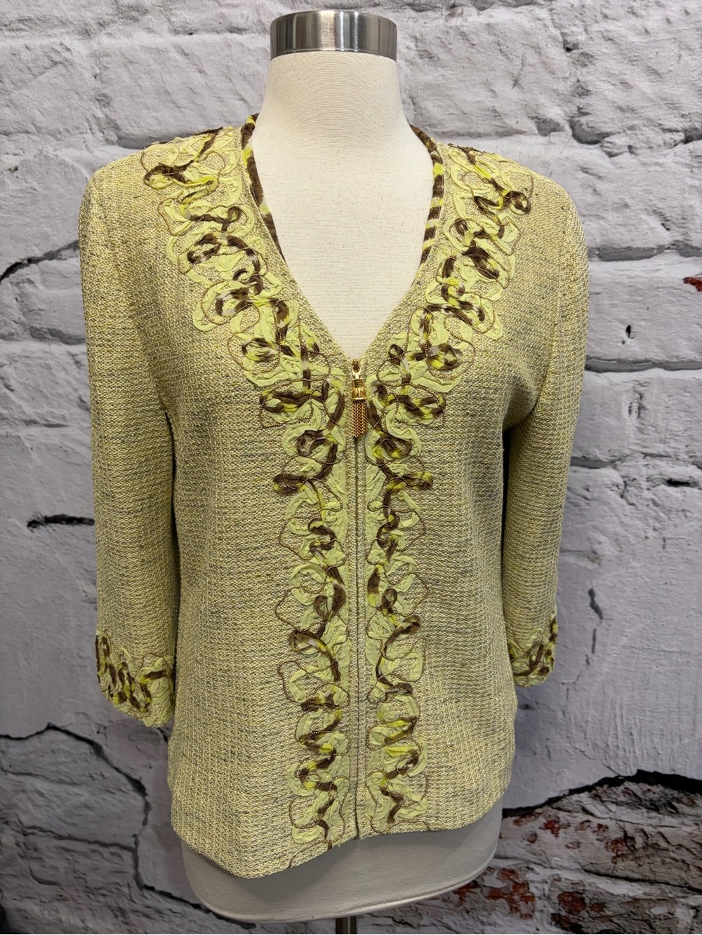 St. John Couture Soft Green Brown Sweater Blazer Tassel Zipper Silk Appliqué